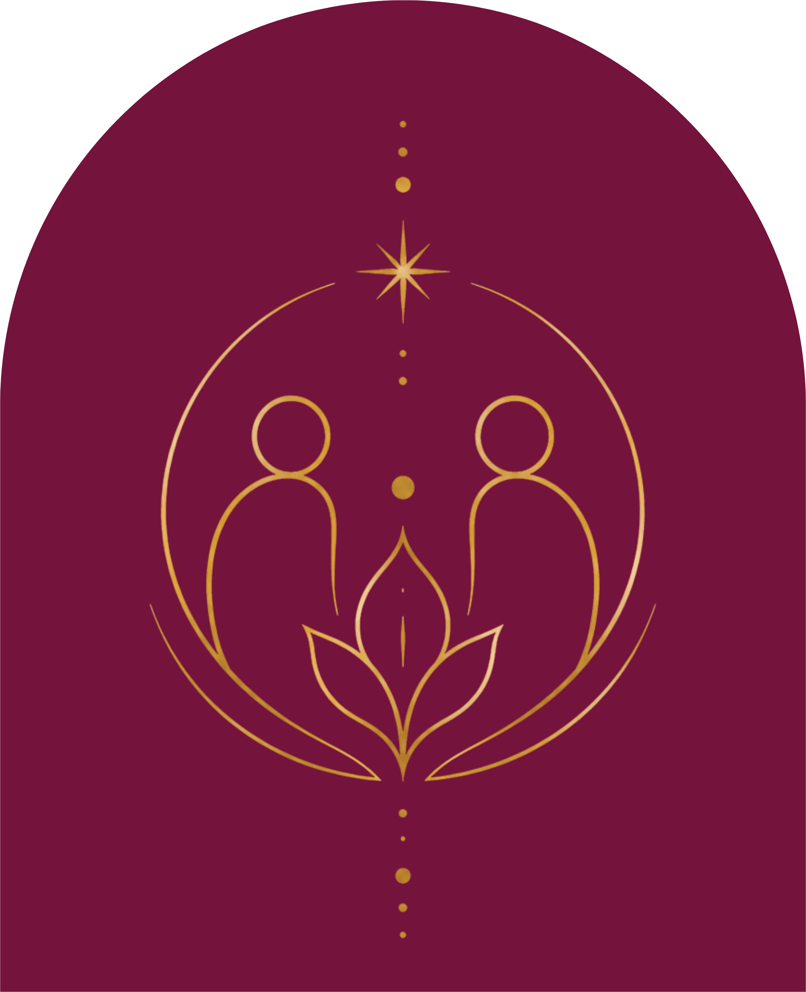 NaWi Symbol: zwei Menschen mit Lotusblüte und Stern in Gold auf Beerenrot