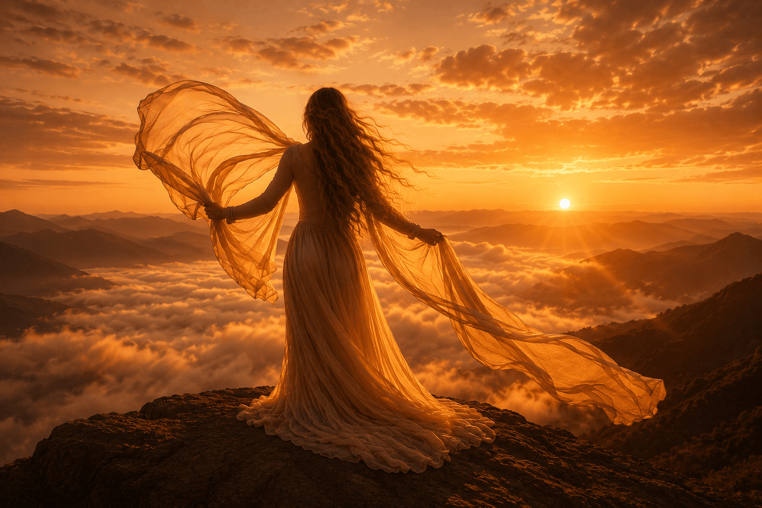 Frau im goldenen Sonnenuntergang